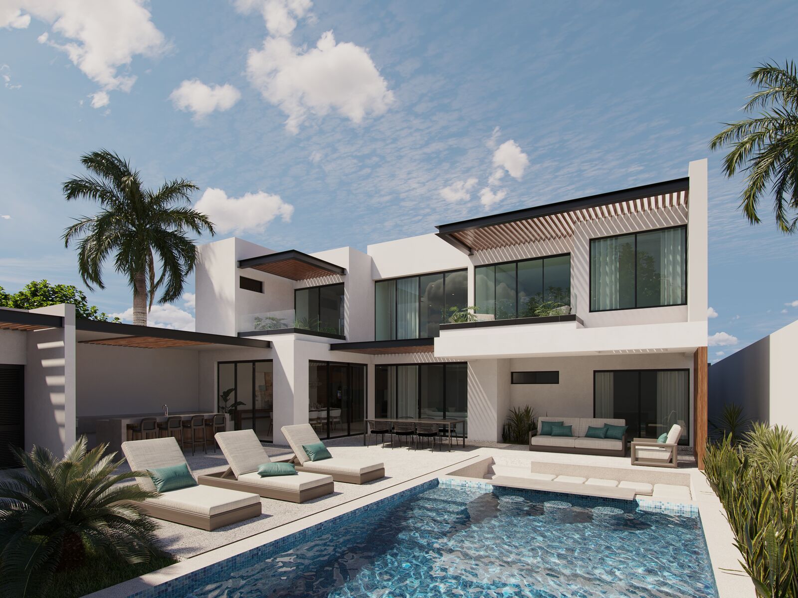 Residencia I, Villas de San Lorenzo — visualización 3D de fachada, terraza y alberca